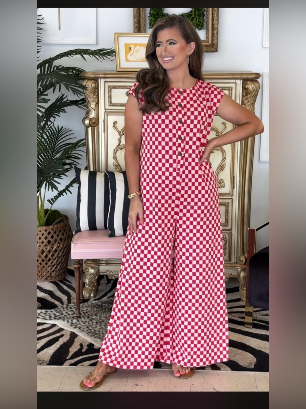 Ces Femme Red and White Checkerboard Wide-Leg Jumpsuit